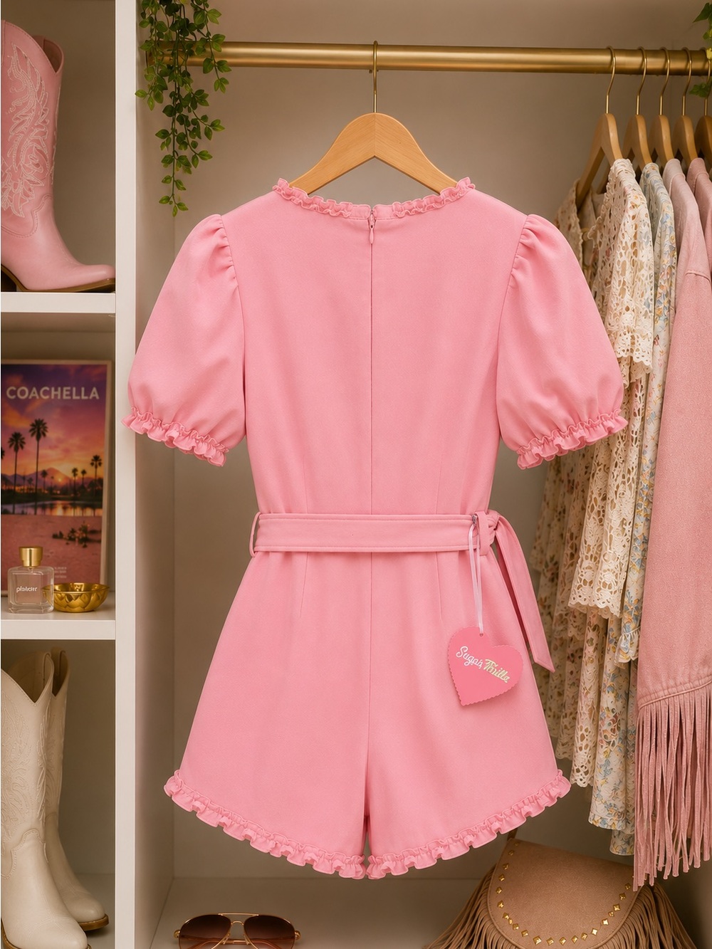 Sugar Thrillz Pink Scallop-Trim Belted Romper - Picture 5 of 6